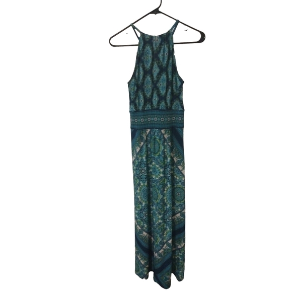 London Times Halter Paisley Geo Design w. Keyhole Front/Back BoHo Maxi Dress 6 - Picture 6 of 8
